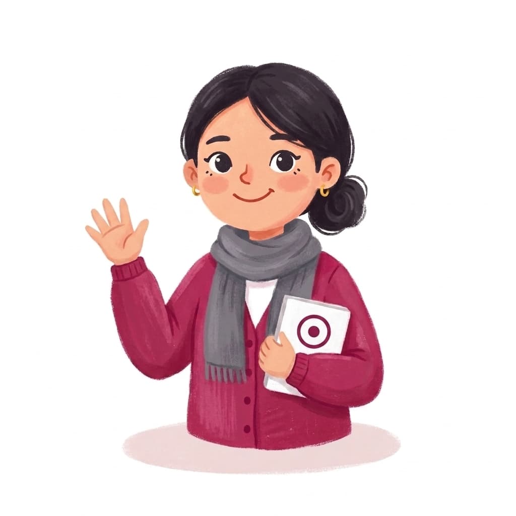 Siri, the OvaMedica care companion, smiling and waving with her care notebook